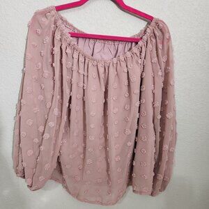 Womens Off-Shoulder Pink Chiffon Top With Textured Floral Pattern Long Sleeves W